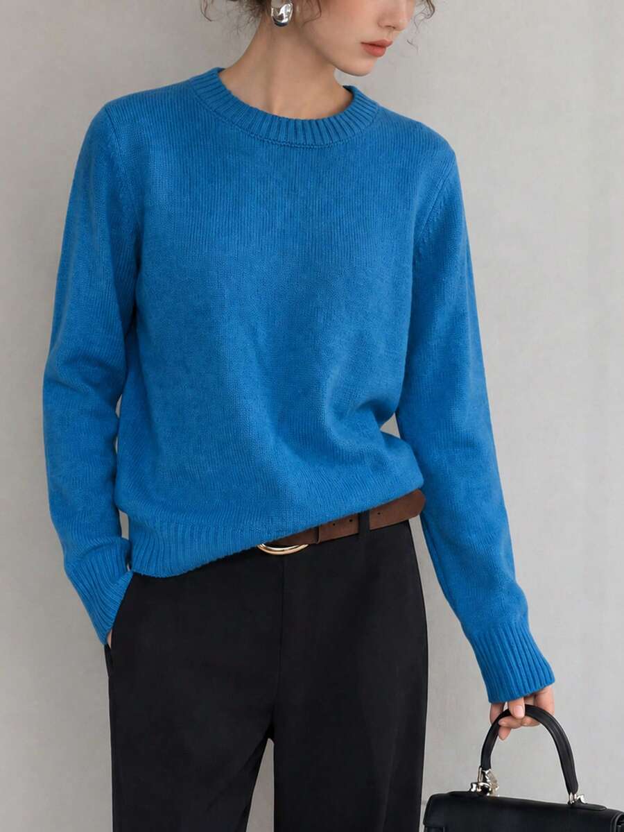 Women's New Autumn/Winter Solid Color Knit Pullover Long Sleeve Regular Fit Sweater, Warm And Comfortable, Light Blue, Suitable For Daily Wear - Blue - View 1