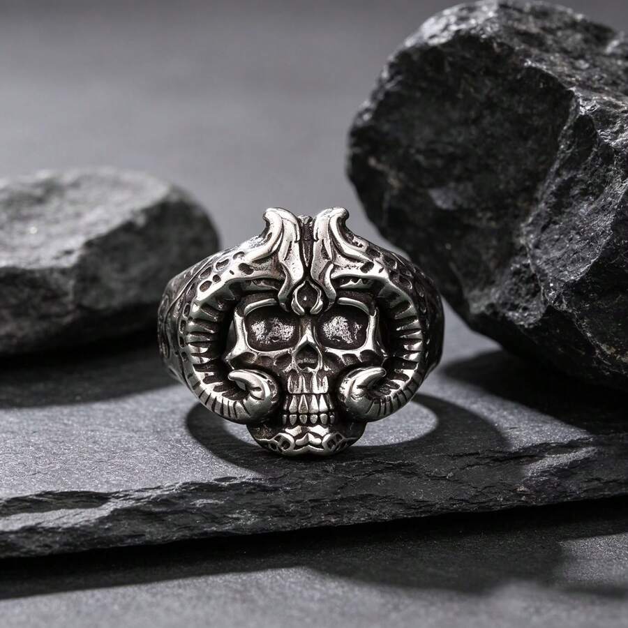 Dark Demon Horn Skull Men's Ring, Punk Motorcycle Wide Band Ring, Personalized Men's Accessory, Halloween Gift - Multicolor - View 1