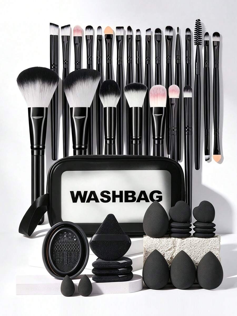 12/24/44pcs Makeup Tool Set, Includes: 1 Multi-Function Zipper Waterproof Makeup Bag + 24 Makeup Brushes + 4 Makeup Sponges + 2 Mini Makeup Sponges + 4 Triangle Powder Puffs + 8 Mini Cushion Powder Puffs + 1 Makeup Brush Cleaning Tool. - Multicolor - View 1