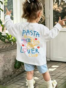 1件女嬰可愛長袖T恤，「PASTA LOVER CLUB」印花，柔軟面料，休閒風格 - 白色 - 查看 2