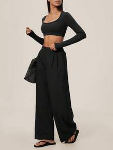 TimeOff Women's One Set Autumn/Winter Solid Color Large U-Neck Cropped Long Sleeve Top With Side Pockets And Elastic Back Waist Pleated Wide Leg Pants - Black - View 9