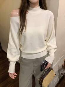 Autumn/Winter New Sexy Korean Style Scarf Off-Shoulder Long Sleeve Versatile Asymmetrical Base Layer Sweater Top - Apricot - View 6