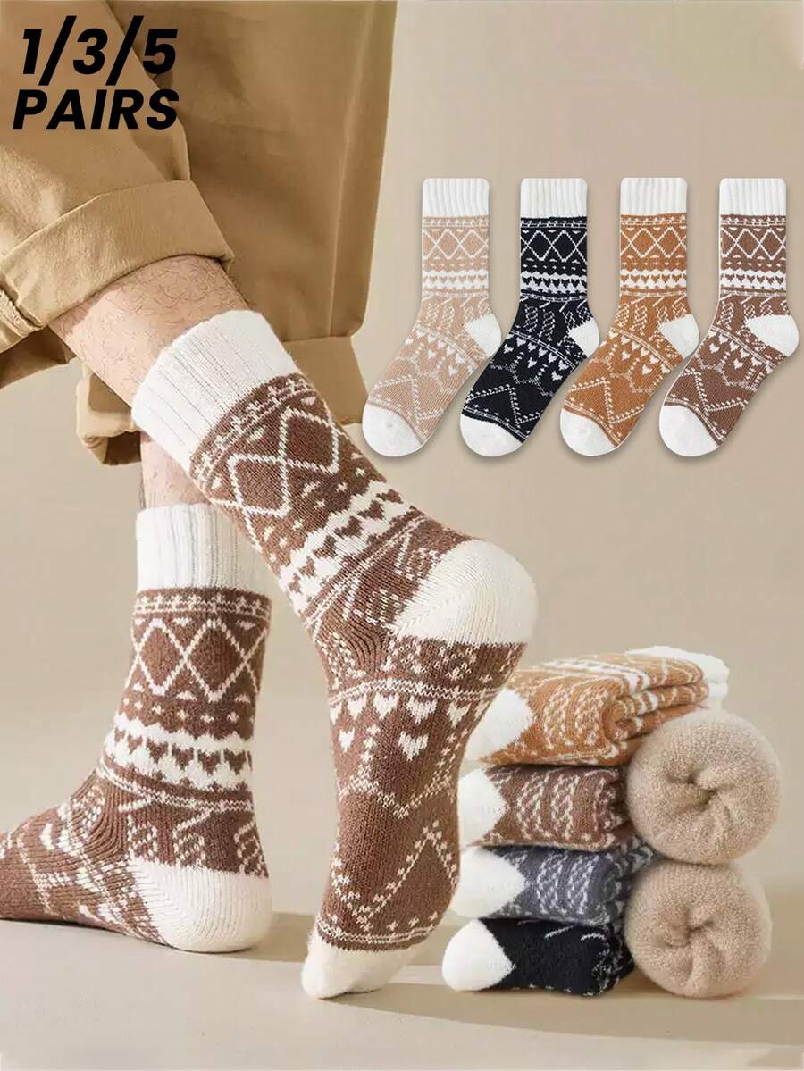 1/2/4 Pairs Men's Autumn/Winter Mid-Calf Socks, Thermal Lined Thick Warm Socks, Winter Wool Loop Sleep Long Socks, Couple Socks - Multicolor - View 1