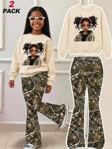 2pcs/Set Girls' Outfit, Cartoon Girl Print Sweatshirt + Plant Camouflage Flare Pants Sports Set, Spring/Autumn - Apricot - View 1