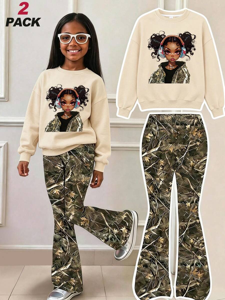 2pcs/Set Girls' Outfit, Cartoon Girl Print Sweatshirt + Plant Camouflage Flare Pants Sports Set, Spring/Autumn - Apricot - View 1