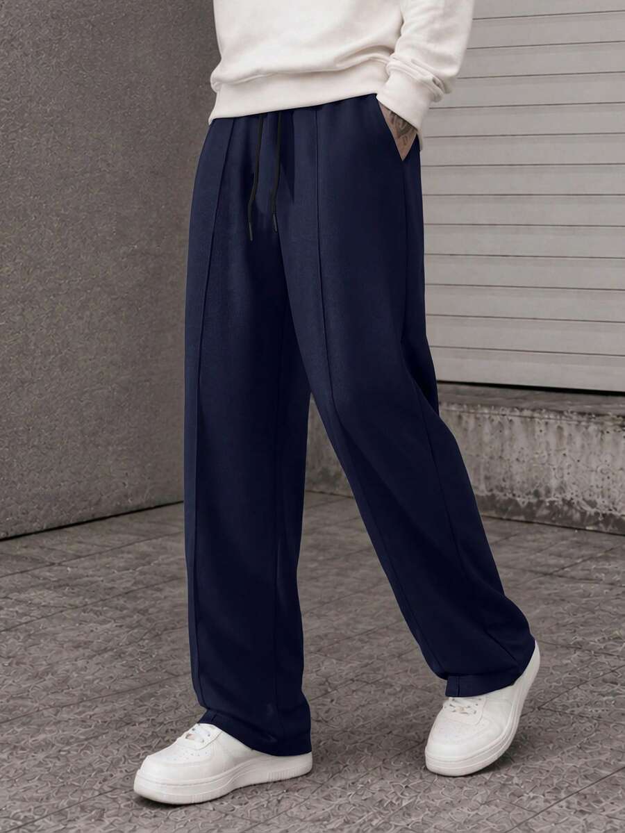 Plus Size Men's Navy Wide-Leg Formal Pants, Versatile Loose Fit Suit Trousers - Royal Blue - View 1