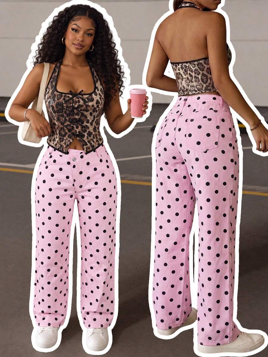 Plus Size Pink Polka Dot Boyfriend Style Jeans, Non-Stretch Long Denim Pants With Zipper Detail - Pink - View 1