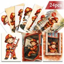 24pcs + 1 Red Envelope Cute Firefighter Theme Greeting Cards & Postcards, Featuring Brave Heroes And Rescue Dogs, Suitable For Thanksgiving, Classic Watercolor Style Art Stationery Set - Sets - View 1