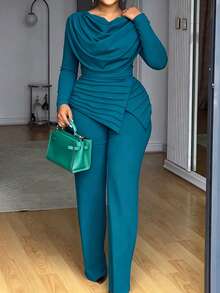 Women's 2 Pieces Set For Autumn/Winter, Long Sleeve Drape Cold Shoulder Top With Wide Leg Pants, Elegant Casual Outfit - Peacock Blue - View 1