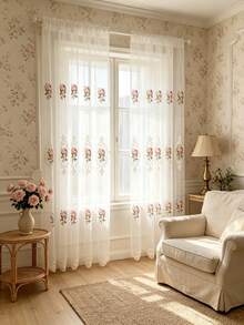 1pc High-End Embroidered Floral Sheer Curtain, Modern European Style Luxury Elegant, Suitable For Bedroom, Living Room, Balcony - Beige - View 1