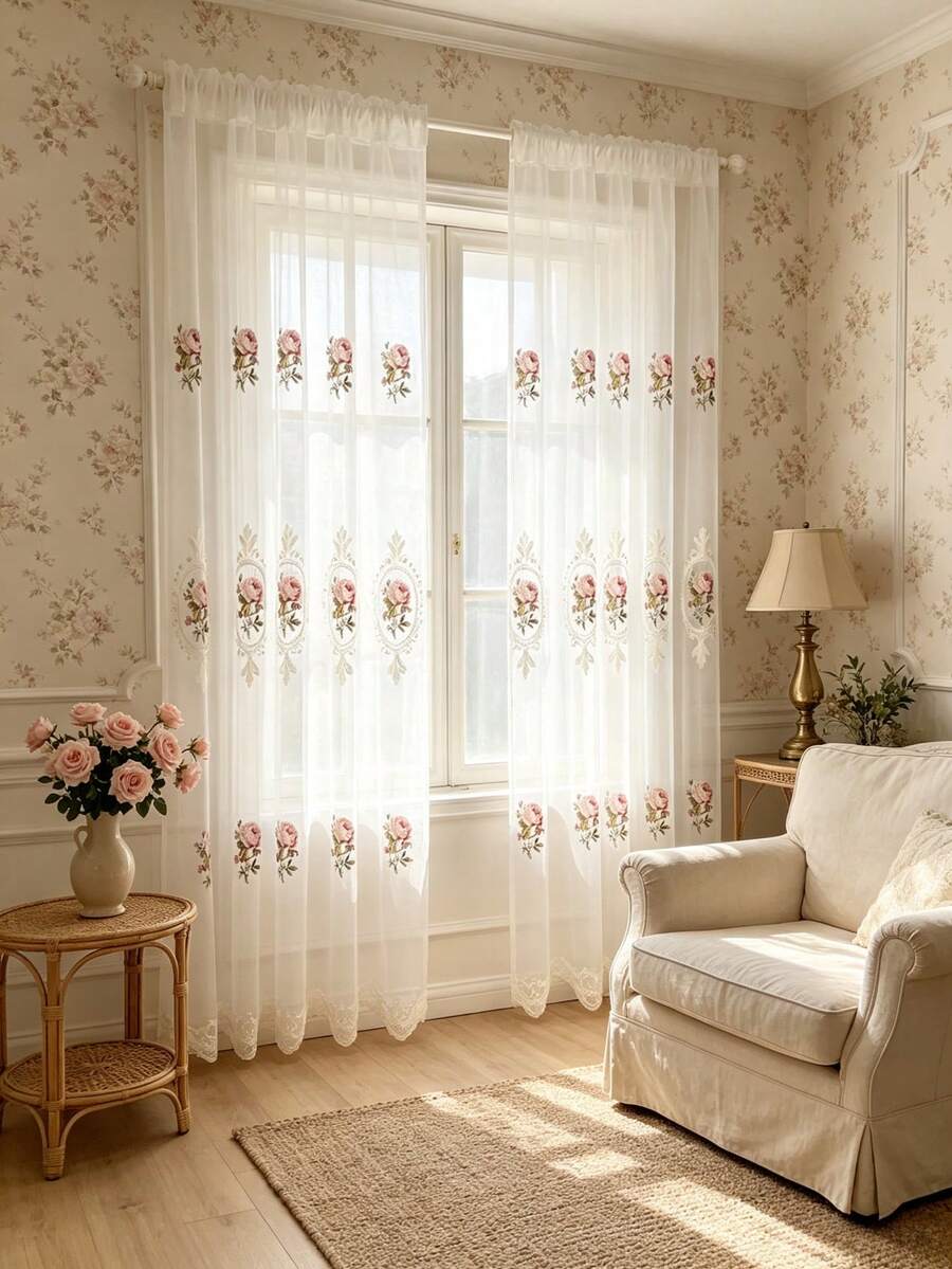 1pc High-End Embroidered Floral Sheer Curtain, Modern European Style Luxury Elegant, Suitable For Bedroom, Living Room, Balcony - Beige - View 1