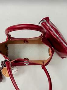 Women's Woven Texture Silver Metal Square Lock Crossbody Bag With Dual Handles, Side D-Rings For Detachable Shoulder Strap, Multi-Compartment Handbag And Shoulder Bag, Vintage Elegant Style For Commute, Date And Festive Occasions - Red - View 9