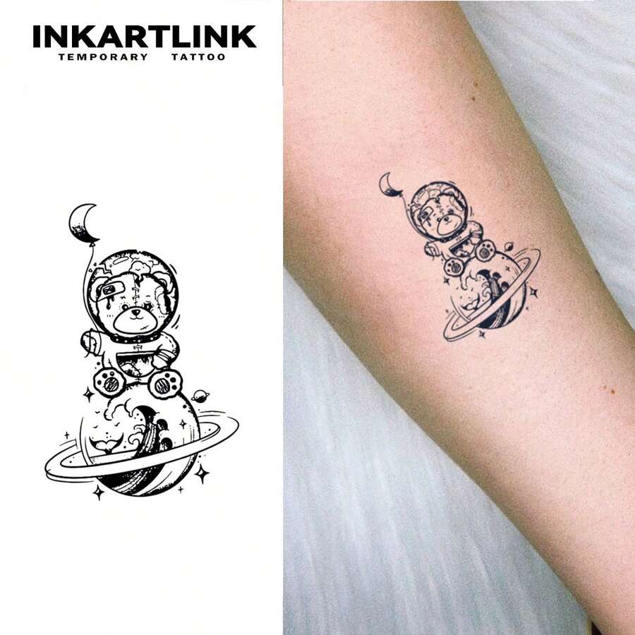 INKARTLINK 1PC Dreamy Space Patch Bear Temporary Tattoo Sticker, Waterproof Body Art Tattoo Sticker, Lasts 2-5 Days, Water Transfer Colorful Tattoo Sticker, Suitable For Men And Women, Essential For People, Party Decoration, Holiday Celebration Body Decoration