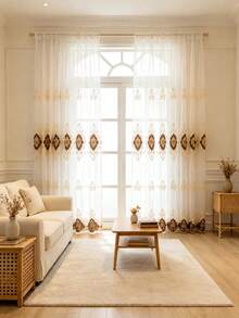 1pc European Vintage Embroidered Sheer Curtain For Bedroom, Living Room, Balcony, Window Decoration - Multicolor - View 1