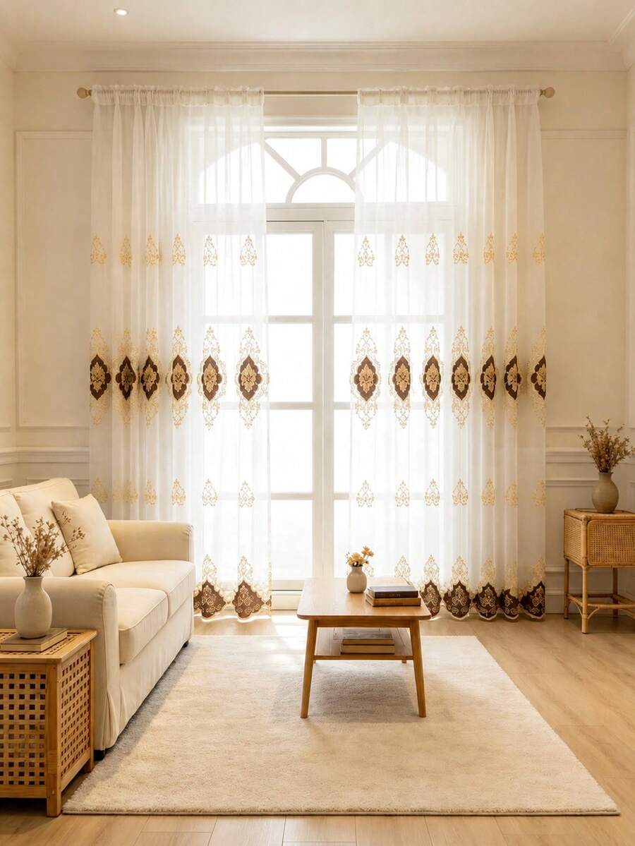 1pc European Vintage Embroidered Sheer Curtain For Bedroom, Living Room, Balcony, Window Decoration - Multicolor - View 1