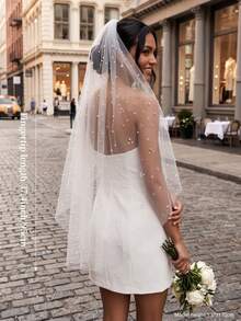 1 Pc Pearl Wedding Veil Fingertip Chapel Cathedral Length Bridal Veil With Metal Comb For Brides White Ivory - Multicolor - View 2