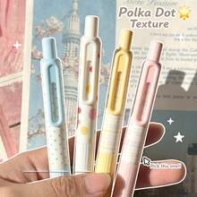 4pcs Macaron Polka Dot Plaid Retractable Neutral Pens, Black Ink Quick-Dry Smooth Highly Attractive Stationery, Student Exam Note-Taking Dedicated, Office Campus Daily Writing Practice Stationery Supplies - A - View 8