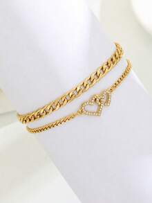 2pcs/Set Gold Tone Double Heart Rhinestone Chain Bracelet Set Kids Jewelry For Girls Cute Sparkling Accessories For Birthday Parties School Daily Wear - Gold - View 4
