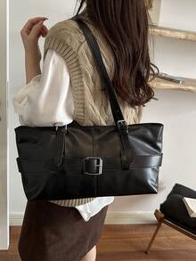 Women's Black PU Handbag, Silver Buckle Decor Large Capacity Shoulder Tote Bag, Minimalist Elegant Daily Commute Bag - Black - View 4