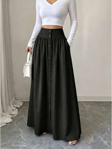 LuminousWealth-Women's Button Long Skirt, Fashionable, Versatile, Suitable For Vacation, Work, School, Christmas, Dating, Spring/Autumn New Style - Black - View 3