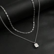 2pcs Minimalist Double Layer Stackable Chain Necklace, Textured Figaro Chain Paired With Thin Cuban Chain, Embellished With Small Star Square Dog Tag Pendant, Casual Men's Neck Accessory - Silver - View 3