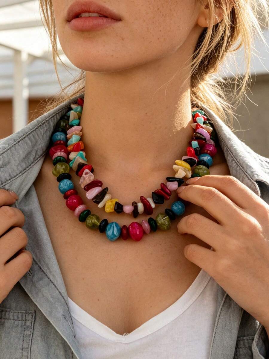 OABE 2pcs/Set Bohemian Style Dopamine Colorful Asymmetrical Shaped Beaded Necklace Layered Design Suitable For Women Daily Wear, Bead Color And Shape Random - Colorful - View 1