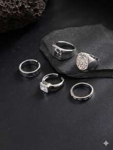 Bộ 5 nhẫn nam vintage màu bạc, nhẫn con dấu dập nổi biểu tượng hình vuông đính đá rhinestone bản rộng, nhẫn xếp chồng phong cách hip hop, phụ kiện quà tặng - Trắng K - Xem 5