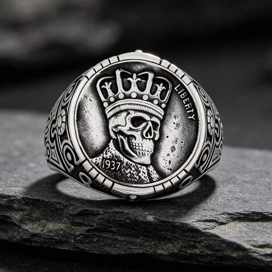 Vintage 1937 Skull Crown Engraved Men's Ring, Distressed Coin Pattern Wide Band, Personalized Hip-Hop Accessory, Halloween Gift - Multicolor - View 1