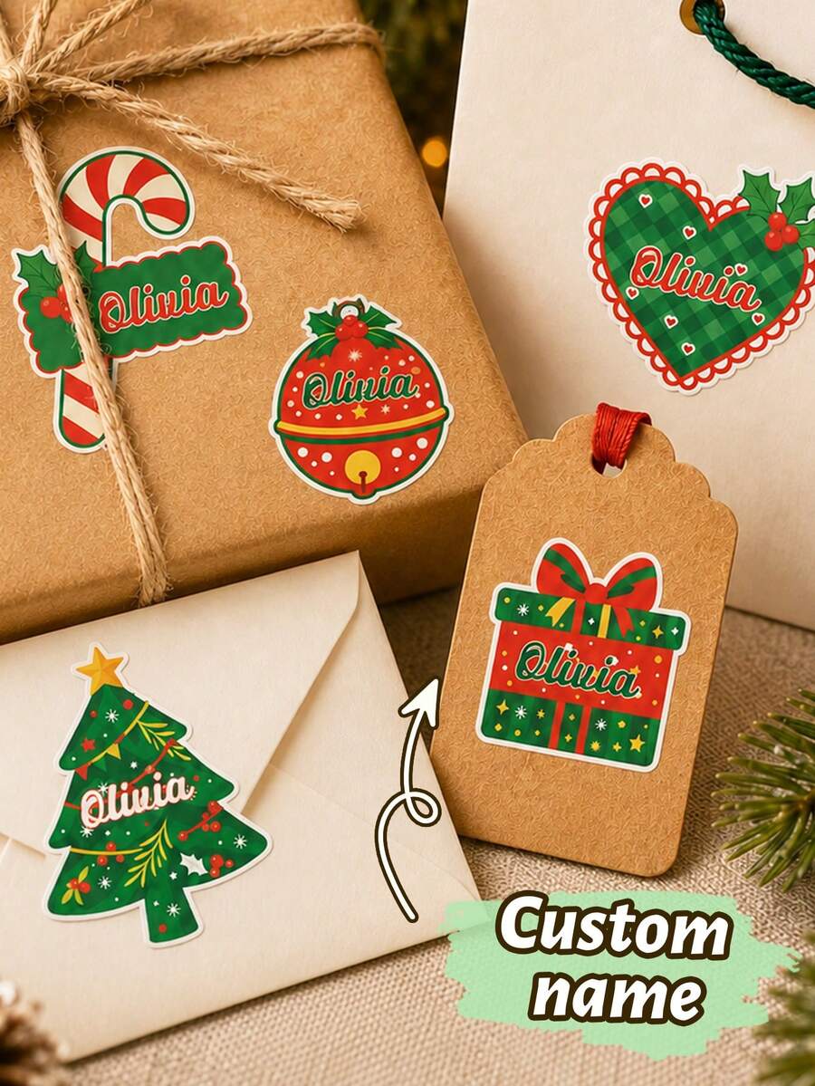Customized Christmas Name Gift Labels Stickers, Personalized Holiday Labels, Suitable For Gift Boxes, Envelopes And Party Favors, Holiday Tree, Candy Cane, Bell Decoration, Customized Name Seal, Customizable Christmas Stickers, Christmas Gifts For Family And Friends, Merry Christmas - Style E - View 1