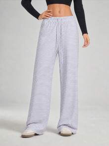 Women's Striped Wide Leg Pants, Blue And White Striped Drawstring Elastic Waistband, Casual Loose Straight Leg Long Pants - Blue - View 8