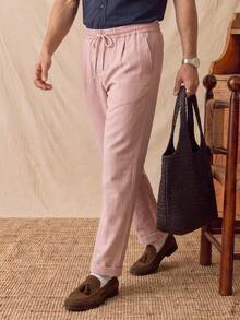 glestore Men's Retro Style Old Money Look Linen Solid Color Drape Drawstring Casual Long Pants Casual Resort Fashion Versatile Four Seasons Style - Dusty Pink - View 5