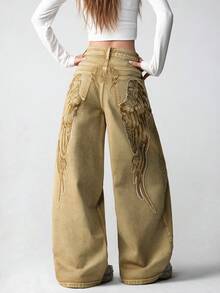 1件女款美式街頭風刺繡寬鬆舒適寬腿牛仔長褲，時尚四季皆宜（本產品不含腰帶/配件） - 卡其色 - 查看 8