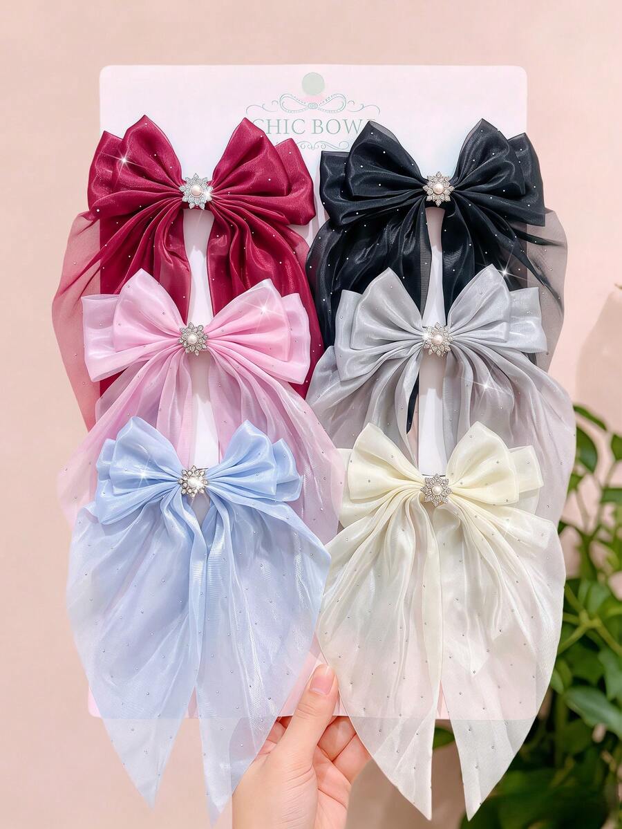 1/3/6pcs/Set Rhinestone Mesh Bow Hair Clips Set, Sweet Hair Accessories - Suitable For Girls And Women, Applicable For Daily Wear And Vacation - Multicolor - View 1