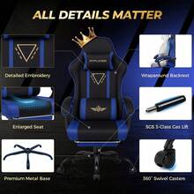 Fabric Gaming Chair With Footrest, Ergonomic Computer Desk Chair With Pocket Spring Cushion Home Office High Back Lumbar Support Heavy Duty Wide - Blue - View 6