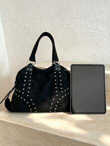 Tote Bag, Exquisite Rivet Decor, Large Capacity Design With Zipper Closure, Vintage Casual Style Shoulder Bag, Versatile For Daily Commute, Shopping, Dating, Travel, Niche Aesthetic Accessory Women's Bag - Black - View 11