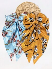 2pcs Blue & Yellow Floral Print Bow Ribbon Spring Clip Extra Large Women's Decorative Hair Clips Hair Accessories - Multicolor - View 5