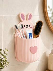 New Cute Cat Storage Rack + Heart Decoration, Space-Saving Wall-Mounted Toothbrush And Toothpaste Holder, Bathroom Decor Accessory, Suitable For Sink And Bathroom, Used To Store Toothpaste, Toothbrush, Hairbrush, Makeup Brush And Other Items - Multicolor - View 3