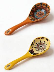 1/2pcs Bohemian Style Large Long Handle Ceramic Soup Spoon, Rice Spoon, Noodle Spoon, Dessert Spoon, Underglaze Color, Large Capacity, Easy To Clean, Durable, Suitable For Home Daily Use, Restaurant - View 18