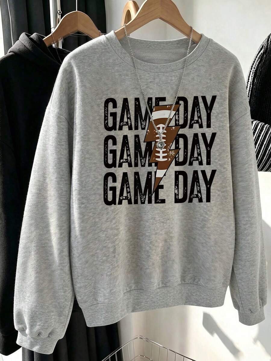 Plus Size Women's Daily Rugby Lightning Sports Print Round Neck Long Sleeve Casual Spring/Fall/Winter Hoodie Outfits For Women Tops For Women - Light Grey - View 1