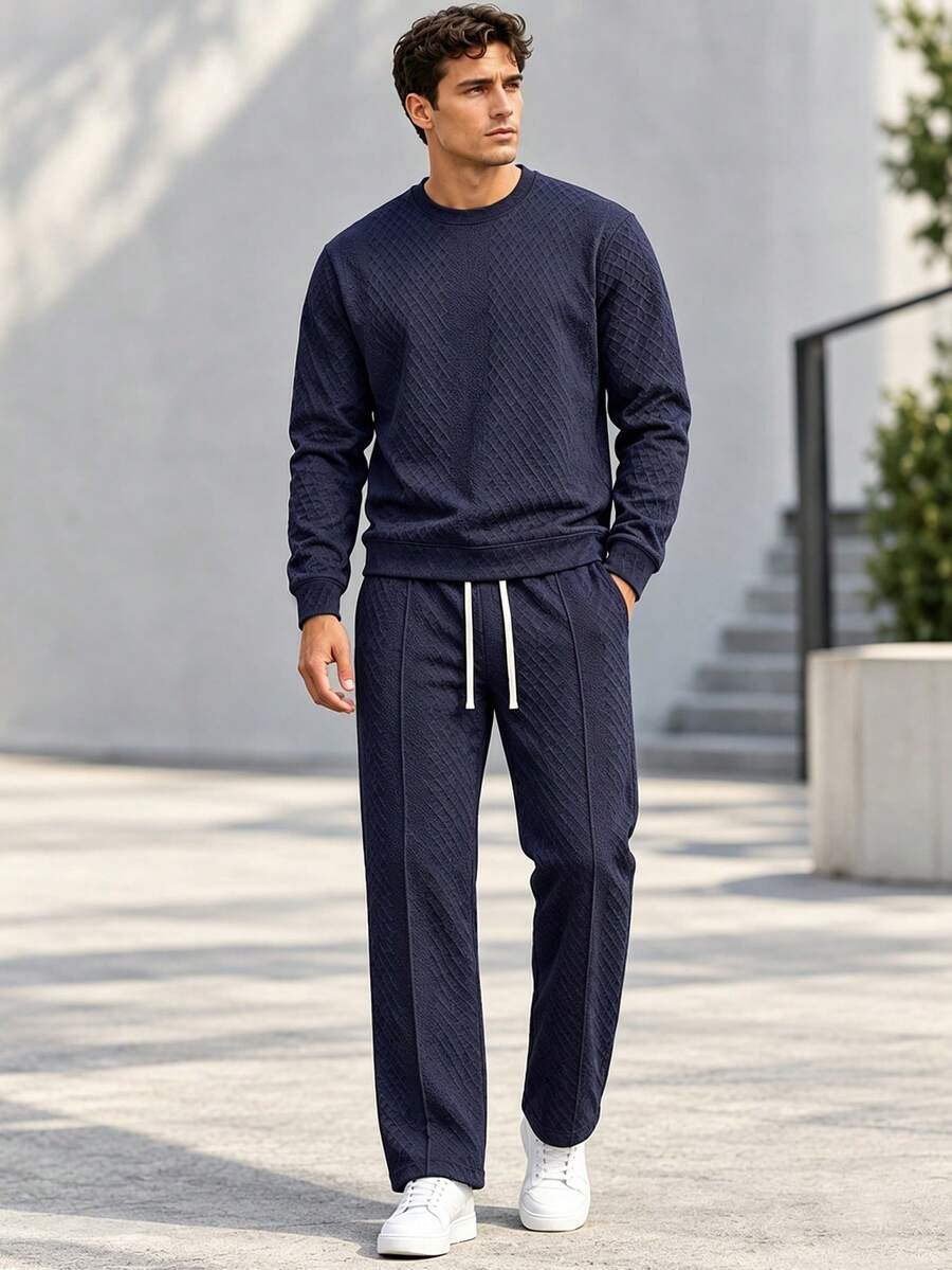 1Set Men's Autumn Diamond Jacquard Crew Neck Sweatshirt Set Drawstring Wide Leg Pants Two Pieces Outfit Loungewear Urban Commute Casual Tracksuit - Navy Blue - View 1