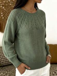 Plus Size Women's Loose Casual Round Neck Long Sleeve Knit Sweater, Textured Pattern Minimalist Design, Versatile Everyday Style - Green - View 9