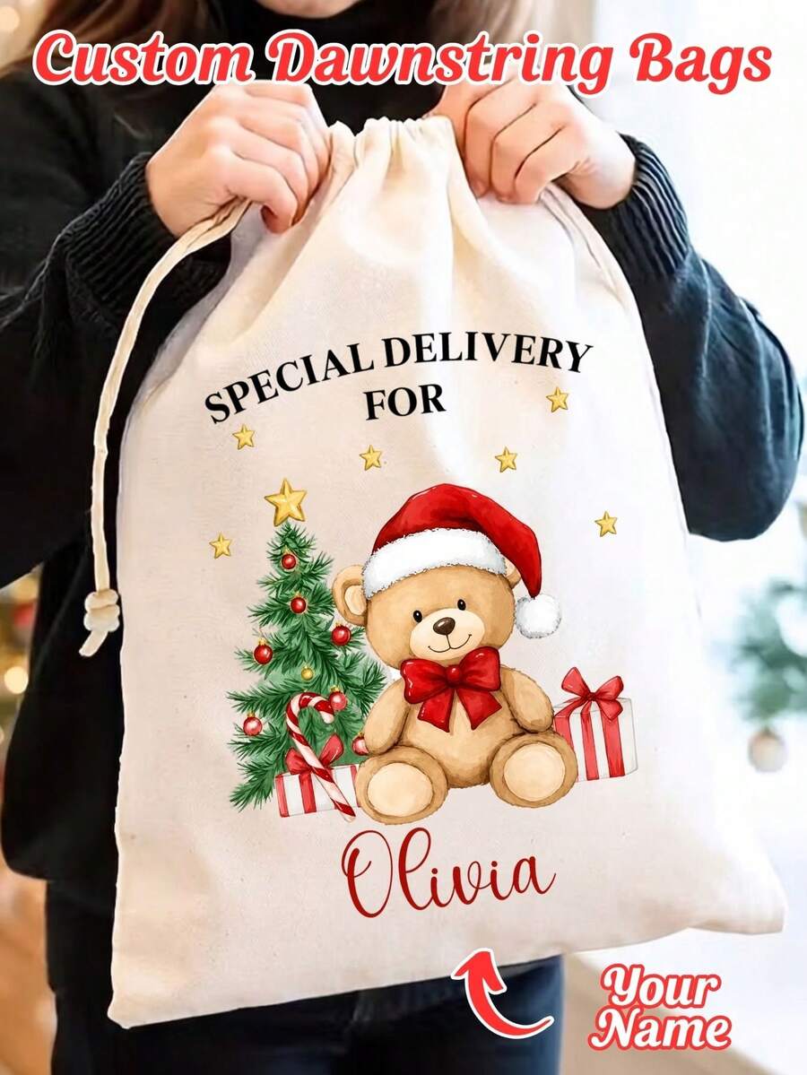 Christmas Custom Name Drawstring Gift Bag, Festive Santa Teddy Bear Print Sack, Large Capacity Reusable Gift Storage Pouch, Thoughtful X‑Mas Gift Idea For Loved Ones - Multi-color 1 - View 1