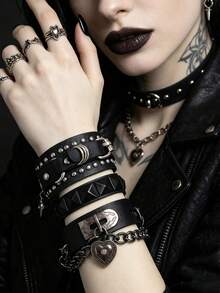 1/3/4Pcs PU Bracelet For Men,Punk Adjustable Multilayer Black Leather Cuff Heart Pendant Bangle Studded Chain Wrist Punk Sports Rock Bracelet - Multicolor - View 7