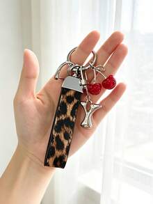 26 Alphabet Car Keychains, Silver Letter Zinc Alloy Accessories, Leopard Print Cherry Pendant, PU Rope Car Lock Key Fob, Car Remote Control Hanging Decoration, Bag Decoration Pendant, Car Key Ring, Key Chain Key Accessories. Holiday Gift, - Letter - View 11