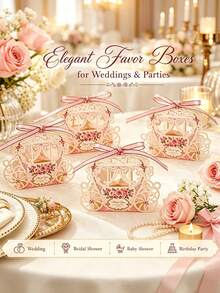 6 Sets European Style Creative Hollow Floral Gift Box Set - "Princess Carriage" Gift Box, With Pink Ribbon. Suitable For Wedding Favors, Bridal Shower, Baby Shower And Birthday Party, Also As A Creative Gift Packaging Option For Christmas. - Multiple Styles - View 1