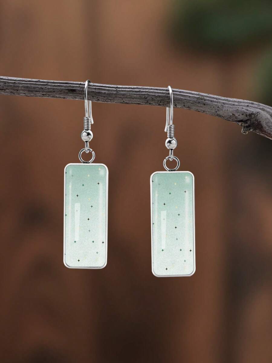 YUJUGLOW 1 Pair Dreamy Healing Style Mint Green Base With Starlight Pattern 316 Stainless Steel Long Bar Earrings Suitable For Women's Daily Wear - Mint Green - View 1