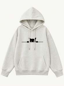 Women's Fashion Autumn/Winter Round Neck Loose Slouchy Casual Versatile Letter & Cartoon Cat Print Sweatshirt - Light Gray - View 6