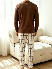 Men's 2 Pieces Pajama Set, Round Neck Long Sleeve Top With Bear & Letter Print, Plaid Long Pants, Fun Retro Casual Comfortable Loungewear - Multicolor - View 2