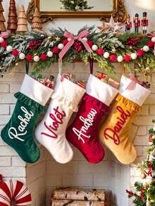 1pc Personalized Velvet Christmas Stocking, Customized Embroidered Name, Christmas Hanging Sock, Home Fireplace Decor, Family Holiday Gift, Festival Decoration, Christmas Gift - Multicolor - View 4