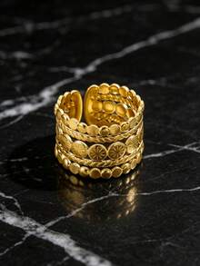 1Pc Multi‑Layer Hollow Floral Wide Open Statement Ring, Golden‑Plated 316 Stainless Steel Adjustable Finger Jewelry - Yellow Gold - View 1
